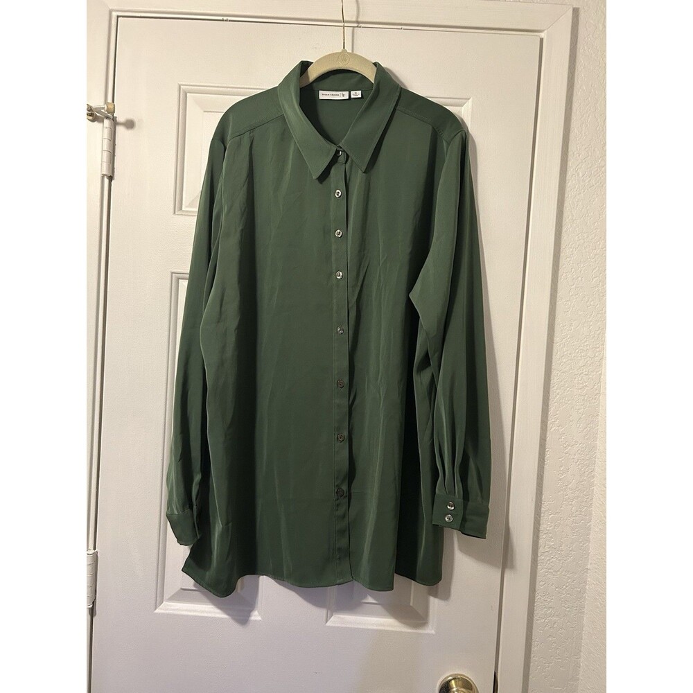 Susan Graver Olive Green Collared Long Sleeve Tunic Blouse XL